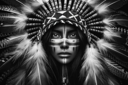 Monochromatic portrait of an indigenous woman, embodying the heart of a superdiverse world. Her piercing gaze, coupled with her feathered headdress and ritualistic face paint, underscore the profound essence of superdiversity and authentic cultural richness.