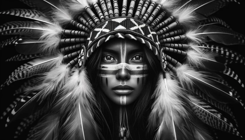 Monochromatic portrait of an indigenous woman, embodying the heart of a superdiverse world. Her piercing gaze, coupled with her feathered headdress and ritualistic face paint, underscore the profound essence of superdiversity and authentic cultural richness.