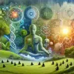 Depicting the fusion of ecospirituality, this image illustrates the seamless integration of science and spirituality, showcasing a lush natural environment interwoven with scientific symbols and spiritual motifs. It symbolizes the deep connection between the natural world and spiritual understanding
