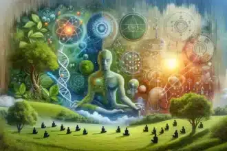 Depicting the fusion of ecospirituality, this image illustrates the seamless integration of science and spirituality, showcasing a lush natural environment interwoven with scientific symbols and spiritual motifs. It symbolizes the deep connection between the natural world and spiritual understanding