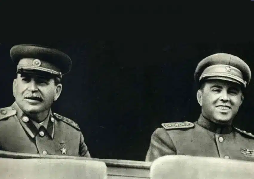 Photograph depicting General Secretary Enver Hoxha of Albania and First Secretary of the Soviet Union's Communist Party Joseph Stalin, standing together in Moscow, Soviet Union. The image represents a significant moment in war narratives, capturing the alliance and political dynamics between the two communist leaders.
