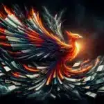 Un fénix artísticamente representado, simbolizando la resiliencia y el renacimiento, se eleva majestuosamente de las cenizas de páginas de libros quemados contra un fondo oscuro, encarnando visualmente el tema de 'Libertad Intelectual'.