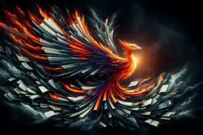 Un phénix artistiquement rendu, symbolisant la résilience et la renaissance, s'élève majestueusement des cendres de pages de livres brûlés sur un fond sombre, incarnant visuellement le thème de la 'Liberté Intellectuelle'.