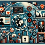 Un collage dépeignant l'évolution de la politique sur Internet, mettant en vedette la technologie numérique, des symboles politiques et une carte mondiale, soulignant le passage de l'engagement numérique initial à la gouvernance moderne.