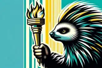 Pop art illustration of a porcupine upholding libertarian ethics by grasping the Torch of Liberty, symbolizing freedom and individualism. The graphic is divided by a vertical line, with one side depicting vertical stripes in teal, yellow, and light blue, and the other showing the porcupine in stark black, white, and gold tones. The image conveys a strong message of self-ownership and non-aggression principle through its bold lines and contrasting colors.