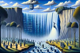 Illustration showing the juxtaposition of ancient civilizations and the digital age. Ancient ruins stand alongside modern cityscapes, with AI bots as statues in a public square. Floating above are digital clouds that rain down information, both truths and falsehoods. Citizens below, equipped with magnifying glasses, attempt to discern the genuine from the deceptive. The horizon is marked by a setting sun, casting long shadows, symbolizing the fading line between reality and disinformation in the era of AI.