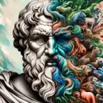 Horizontal portrait of Plato, with the left half in black and white marble-like style, and the right in vibrant colors with abstract animal forms, representing Interspecies Dialogues.