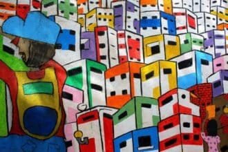 Mural callejero vibrante que representa una barriada urbana colorida y abstracta, simbolizando las capas complejas y las narrativas ocultas de la precariedad urbana.