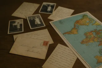 Christian Globalism: Vintage letters, handwritten notes, and old photographs arranged beside a world map on a wooden desk, evoking historical global correspondence and Christian sponsorship networks.