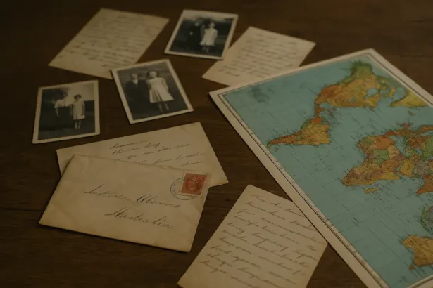 Christian Globalism: Vintage letters, handwritten notes, and old photographs arranged beside a world map on a wooden desk, evoking historical global correspondence and Christian sponsorship networks.