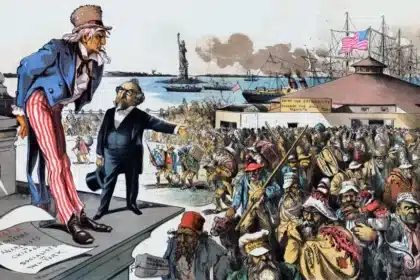 The image you've uploaded is a political cartoon depicting the concept of "Civilizational Populism." It shows Uncle Sam standing on a pedestal labeled with the phrase "America for Americans," pointing towards a crowd of diverse immigrants. In the background, we see the Statue of Liberty and a building labeled "Depot for Immigrants," which suggests the setting might be a port of entry such as Ellis Island. The cartoon appears to comment on the attitudes towards immigration and the tension between welcoming new arrivals and protecting the interests of existing citizens. The style of the cartoon is reminiscent of late 19th to early 20th-century American political cartoons, which often used caricature and satire to comment on social and political issues of the time.