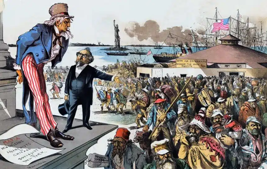 The image you've uploaded is a political cartoon depicting the concept of "Civilizational Populism." It shows Uncle Sam standing on a pedestal labeled with the phrase "America for Americans," pointing towards a crowd of diverse immigrants. In the background, we see the Statue of Liberty and a building labeled "Depot for Immigrants," which suggests the setting might be a port of entry such as Ellis Island. The cartoon appears to comment on the attitudes towards immigration and the tension between welcoming new arrivals and protecting the interests of existing citizens. The style of the cartoon is reminiscent of late 19th to early 20th-century American political cartoons, which often used caricature and satire to comment on social and political issues of the time.