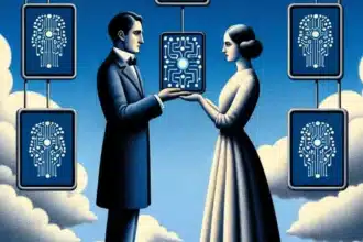 Une représentation artistique de l'Intelligence Artificielle Féministe, mettant en scène un homme et une femme échangeant une carte de circuit complexe, servant de métaphore à l'intégration des principes féministes dans la technologie. L'arrière-plan présente des cartes de circuit supplémentaires, résonnant avec le thème de l'IA, sur un fond de nuages et de ciel dégagé, suggérant une approche visionnaire. Au-dessous, la silhouette d'une procession de personnes traverse un pont, symbolisant le voyage vers un avenir où l'IA féministe joue un rôle central dans la société.