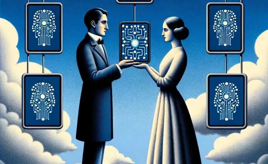 Une représentation artistique de l'Intelligence Artificielle Féministe, mettant en scène un homme et une femme échangeant une carte de circuit complexe, servant de métaphore à l'intégration des principes féministes dans la technologie. L'arrière-plan présente des cartes de circuit supplémentaires, résonnant avec le thème de l'IA, sur un fond de nuages et de ciel dégagé, suggérant une approche visionnaire. Au-dessous, la silhouette d'une procession de personnes traverse un pont, symbolisant le voyage vers un avenir où l'IA féministe joue un rôle central dans la société.