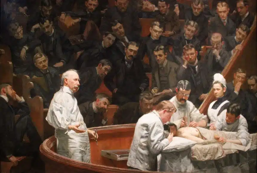 The Agnew Clinic" by Thomas Eakins epitomizes medical professionalism, depicting a 19th-century surgical lecture in meticulous detail.