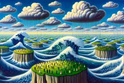 Œuvre numérique illustrant le biais de l'IA comme des vagues de code binaire dans un vaste océan séparant des îles d'individus divers, symbolisant la ségrégation et l'interconnexion dans les sociétés pilotées par les données. Cette image souligne le besoin urgent de naviguer à travers le biais de l'IA pour un avenir inclusif.