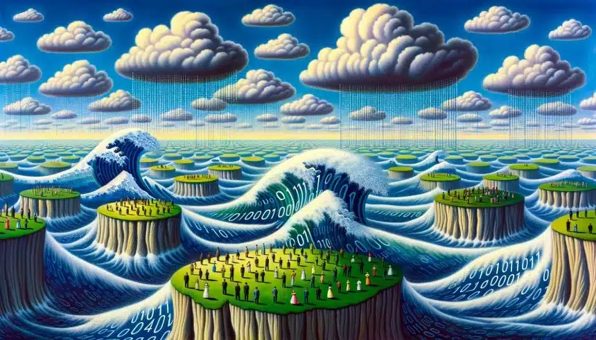 Obra digital que ilustra el sesgo de IA como olas de código binario en un vasto océano que separa islas de individuos diversos, simbolizando la segregación y la interconexión en sociedades impulsadas por datos. Esta imagen subraya la urgente necesidad de navegar por el sesgo de IA para un futuro inclusivo.