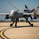 An MQ-9 Reaper drone with missiles on a runway, guided by a camouflaged military operator, illustrating the digital dilemmas of unmanned, AI-equipped warfare technology.