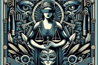 The artwork encapsulates the concept of justice, with Lady Justice as the focal point, blindfolded to ensure impartiality, her scales symbolizing balance, and a sword denoting authority. The presence of legal motifs like a gavel and quills underscores the judicial theme. Yet, amid these symbols of order, "Disinformation" could be interpreted as a lurking challenge, one that the very institutions represented here strive to overcome through the pursuit of truth and fairness