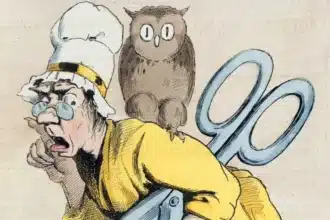 Ilustración vintage que representa la censura como una caricatura de una figura personificada con tijeras, conocida como 'Madame Anastasie', que tiene una cabeza desproporcionadamente grande, una nariz prominente y gafas, y lleva un gorro de chef. Junto a la figura, un búho se sienta en el mango de un par gigante de tijeras, simbolizando la sabiduría y quizás el ojo vigilante de la censura. Las expresiones faciales exageradas y las tijeras insinúan la supresión de la libertad de expresión o el corte de contenido considerado inapropiado.
