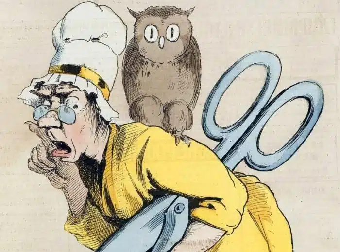 Vintage illustration depicting censorship as a caricature of a personified figure with scissors, known as 'Madame Anastasie', who has an oversized head, a prominent nose, and spectacles, wearing a chef's hat. Next to the figure sits an owl on the handle of a giant pair of scissors, symbolizing wisdom and perhaps the watchful eye of censorship. The exaggerated facial expressions and the scissors hint at the suppression of free speech or the cutting of content deemed inappropriate.