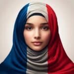 A French Muslim woman looks directly at the camera, wearing a hijab designed with the colors of the French flag. The image captures a moment of pride and cultural expression within the context of laïcité, reflecting the integration of religious diversity within France's secular framework.