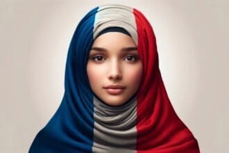 Une femme musulmane française regarde directement la caméra, portant un hijab conçu avec les couleurs du drapeau français. L'image capture un moment de fierté et d'expression culturelle dans le contexte de la laïcité, reflétant l'intégration de la diversité religieuse dans le cadre laïque de la France.