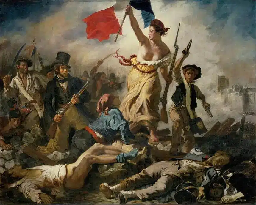 Liberty Leading the People, an iconic painting by French artist Eugène Delacroix from 1830, depicts a revolutionary moment with a powerful female figure symbolizing Liberty. She holds the French tricolor flag and a bayonet, leading a diverse group of citizens over fallen bodies, reflecting the spirit of struggle and sacrifice. The scene evokes the value of 'laïcité' or secularism, a core principle in French society, underscoring the pursuit of freedom and justice free from religious influence in governance.