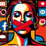 Pop art style image depicting a person with red tape crossed over their mouth, symbolizing censorship and suppression of speech. The background features vibrant colors and social media icons, including Facebook, speech bubbles, and crossed-out symbols, illustrating the concept of social vulnerability and the impact of cancel culture.