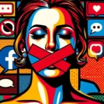 Imagen de estilo pop art que muestra a una persona con cinta roja cruzada sobre su boca, simbolizando la censura y la supresión del discurso. El fondo presenta colores vibrantes e íconos de redes sociales, incluyendo Facebook, burbujas de diálogo y símbolos tachados, ilustrando el concepto de vulnerabilidad social y el impacto de la cultura de la cancelación.