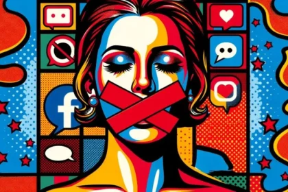 Imagen de estilo pop art que muestra a una persona con cinta roja cruzada sobre su boca, simbolizando la censura y la supresión del discurso. El fondo presenta colores vibrantes e íconos de redes sociales, incluyendo Facebook, burbujas de diálogo y símbolos tachados, ilustrando el concepto de vulnerabilidad social y el impacto de la cultura de la cancelación.