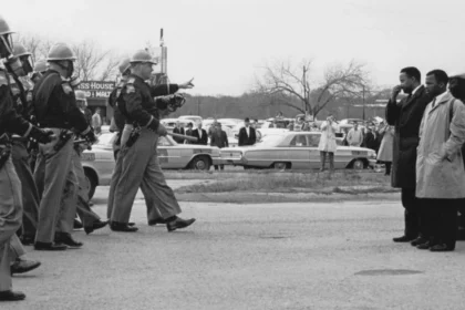 Le 7 mars 1965, 600 manifestants pour les droits civiques dirigés par Hosea Williams (à droite, en avant, en imperméable sombre) et John Lewis (à droite, en manteau clair) ont traversé le pont Edmund Pettus à Selma, en Alabama. Ils ont été accueillis par des policiers d'État et locaux, qui leur ont donné un avertissement de deux minutes pour se disperser. Lorsque les manifestants ont refusé, les officiers les ont attaqués avec des gaz lacrymogènes et les ont battus, entraînant plus de 50 hospitalisations. Archives de photos GPA (CC BY-NC).