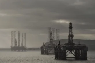 The image displays several oil rigs positioned in a body of water under a cloudy sky that casts a somber, gloomy atmosphere. These massive structures, aligned across the horizon, emphasize the dominant presence of the oil industry amid political instability.