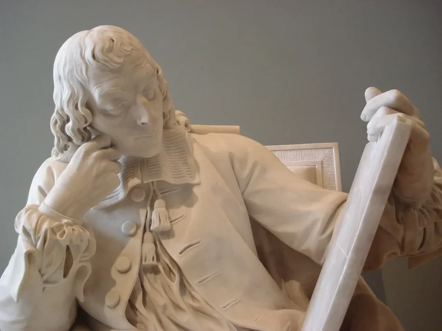 A marble statue depicting a pensive Blaise Pascal, the famous French mathematician, physicist, and philosopher, holding a book. The sculpture captures his thoughtful expression, reflecting his contributions to mathematics, particularly in probability theory and the foundations of modern science.