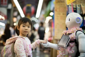 Young child interacting with a humanoid robot adorned with flowers in a busy indoor marketplace, illustrating the integration of artificial intelligence in everyday life.