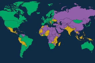 Democracy is in danger: the Freedom in the World 2024 report classifies 84 countries and territories as 'Free' (in green), 59 as 'Partly Free' (in yellow), and 67 as 'Not Free' (in purple).