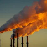 Cheminées industrielles libérant de la fumée dans le ciel, mettant en évidence l'impact environnemental de l'activité humaine sur la planète et les défis auxquels l'humanité est confrontée en matière de pollution et de changement climatique.