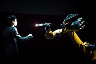 This image shows the interaction between humans and industrial robots in the workplace. It reflects the increasing automation in production and the potential employment displacement that artificial intelligence integration brings to the labor market.