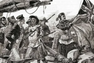 Chinese officers tearing down the British flag on the 'Arrow' and arresting crew members, a scene of British Imperial war propaganda during the Second Opium War.