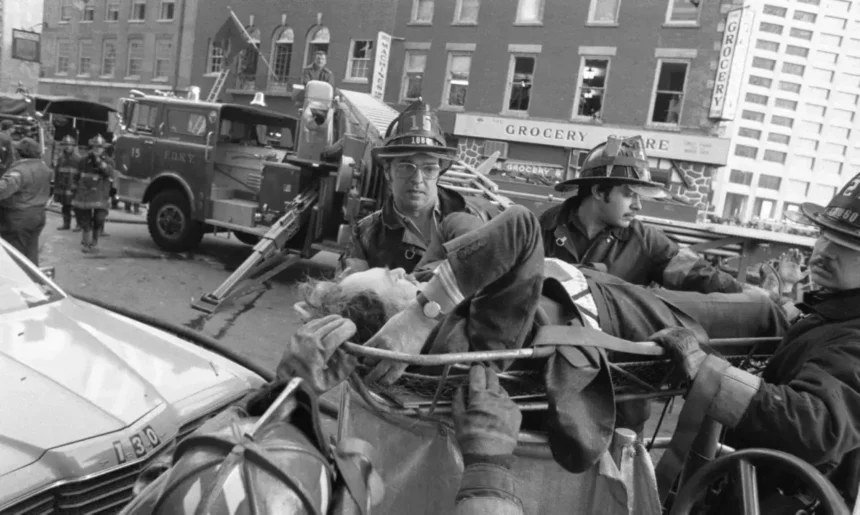 Firefighters rush an injured man away from the scene of the Fraunces Tavern bombing on Jan. 24, 1975. This act of terrorism by the FALN resulted in over 50 injuries and four fatalities