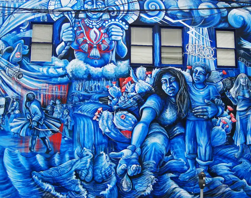 This mural, located in San Francisco's Mission District—one of the neighborhoods most affected by gentrification—powerfully illustrates the displacement and cultural erasure faced by marginalized communities. It stands as a vivid reminder of the resilience and resistance of those fighting to protect their homes and heritage amidst rapid urban transformation.