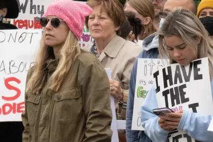 Protesters gathered in front of the U.S. Supreme Court holding signs advocating for abortion rights after the reversal of Roe v. Wade