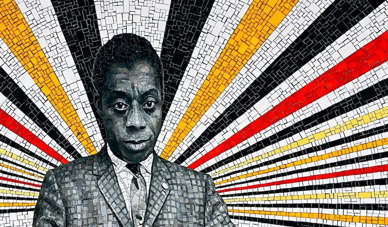Mosaic-style portrait of James Baldwin, a writer who never stayed in the "ivory tower," with bold geometric lines radiating behind him in black, yellow, red, and white. The image reflects Baldwin's role as a public intellectual who bridged literature, politics, and social activism, engaging directly with societal struggles.