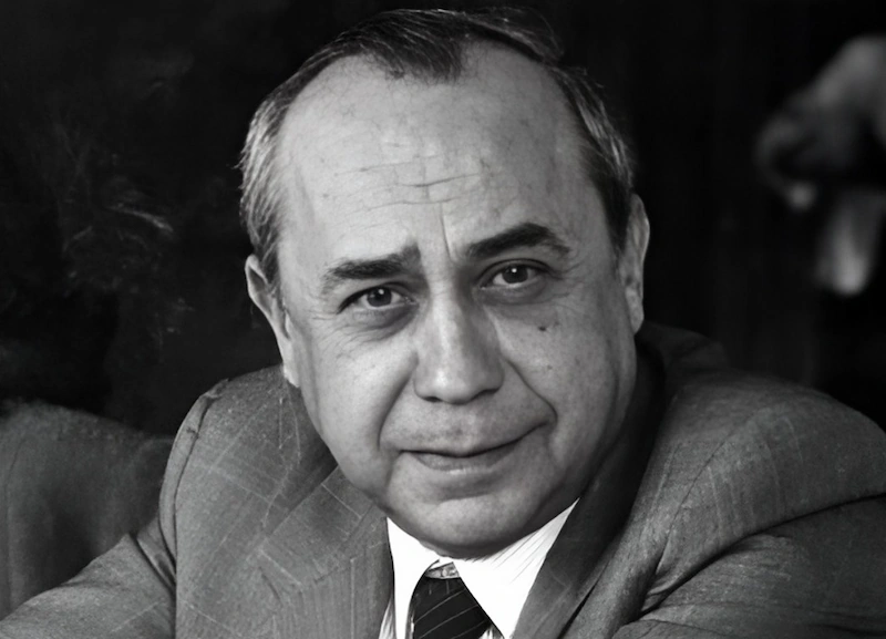 lack-and-white portrait of Leonardo Sciascia, an Italian writer who broke free from the "ivory tower" by using his literature to explore the intersections of power, justice, and societal corruption, particularly in the context of Sicily.