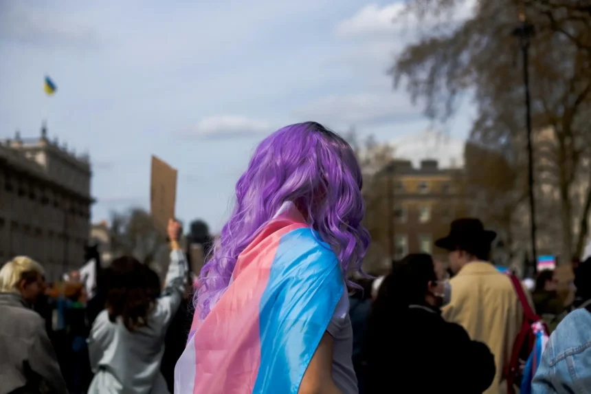 A person with long purple hair, draped in a transgender pride flag (pink, white, and blue), stands amidst a crowd during a protest in London. People around them hold signs, and trees and buildings are visible in the background under a partly cloudy sky.