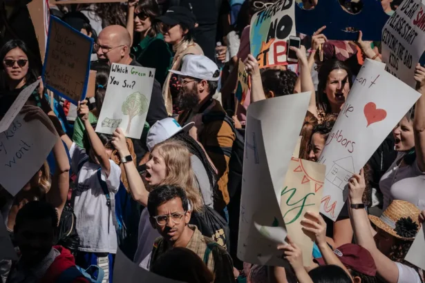 Una multitud de manifestantes sosteniendo varios carteles hechos a mano durante una protesta climática. Uno de los carteles pregunta: "¿Qué verde ves?", mostrando un árbol junto a dinero, mientras otros expresan preocupaciones sobre la justicia ambiental. Esta imagen captura la urgencia de abordar la violencia ambiental como un tema global de derechos humanos.