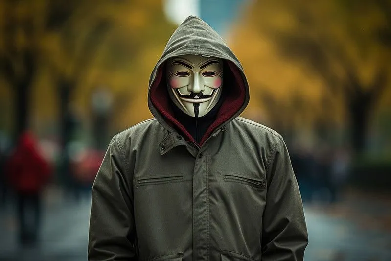 La imagen muestra una figura anónima que lleva una máscara de "Guy Fawkes", un símbolo asociado con los movimientos de protesta y el activismo digital. En el contexto de la moderación de contenido, esta imagen podría ser sensible debido a sus conexiones con manifestaciones y actividades que podrían ser reguladas en las plataformas digitales. La combinación de la máscara con un entorno urbano otoñal añade una capa de ambigüedad, lo que podría influir en las decisiones de moderación según el contexto de uso y las políticas de la plataforma.