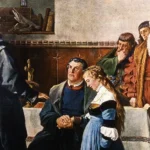 Une peinture représentant la cérémonie de mariage de Martin Luther et Katharina von Bora. Katharina, une ancienne nonne, est représentée comme une figure centrale, symbolisant le rôle des femmes dans la Réforme protestante en tant que participantes actives à la transformation des normes religieuses et sociales.