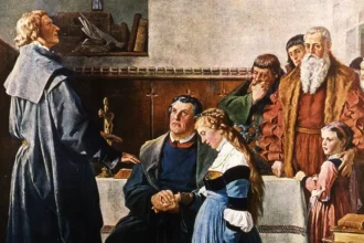 Una pintura que representa la ceremonia de matrimonio de Martín Lutero y Katharina von Bora. Katharina, una exmonja, es retratada como una figura central, simbolizando el papel de las mujeres en la Reforma protestante como participantes activas en la transformación de las normas religiosas y sociales.