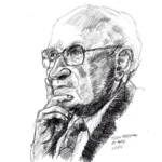 A detailed black and white sketch of Milton Friedman, deep in thought with his hand resting on his chin. Milton Friedman, known for his influential work on free-market policies and the economic consequences of his theories.